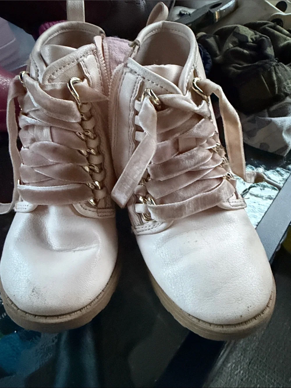 Kids Velvet Lace-Up Ankle Boots in Light Pink